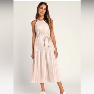 NWT - Beach Town Bound Ivory Striped Pleated Drop Waist Midi Dress - Small